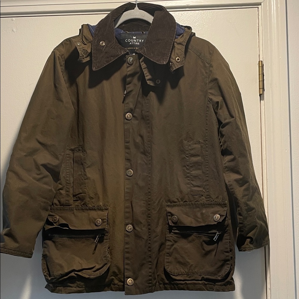 Country Attire Men's Olive Wax Brown Corduroy Accent Field Lined Utility Jacket